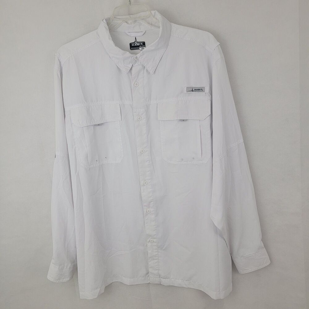 HABIT Mens Fishing Shirt Sz 2XL Long Sleeve Roll Tab WHITE Vented Hiking